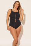 Molly is wearing a 14 suit, she has a 36DD bust and a 33" waist.