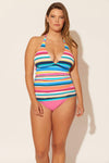 Molly is wearing a 14 suit, she has a 36DD bust and a 33" waist.