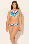 Sara is wearing a 10 suit, she has a 36D bust and a 30.5” waist.