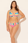 Sara is wearing a 10 suit, she has a 36D bust and a 30.5” waist.