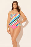 Sara is wearing a 10 suit, she has a 36D bust and a 30.5” waist.