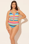 Sara is wearing a 10 suit, she has a 36D bust and a 30.5” waist.