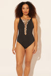 Zoe is wearing a 8 suit, she has a 34D bust and a 29” waist.