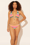 Zoe is wearing a 8 suit, she has a 34D bust and a 29” waist.