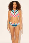 Zoe is wearing a 8 suit, she has a 34D bust and a 29” waist.