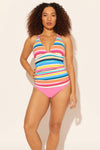 Zoe is wearing a 8 suit, she has a 34D bust and a 29” waist.