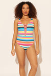 Zoe is wearing a 8 suit, she has a 34D bust and a 29” waist.