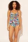 Zoe is wearing a 8 suit, she has a 34D bust and a 29” waist.
