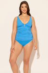 Sara is wearing a 10 suit, she has a 36D bust and a 30.5” waist.