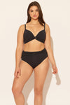 Sara is wearing a 10 suit, she has a 36D bust and a 30.5” waist.