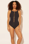 Zoe is wearing a 8 suit, she has a 34D bust and a 29” waist.