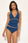 SMOCKED HALTER TANKINI TOP - NAVY