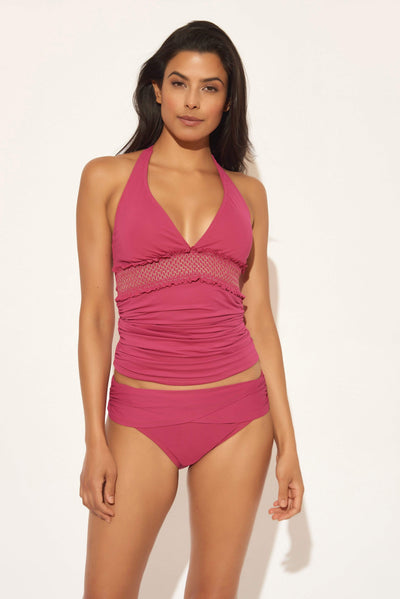 SMOCKED HALTER TANKINI TOP - ROUGE