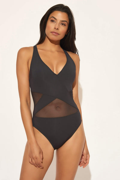 PLUNGE V-NECK MESH CROSS BACK 1 PC - BLACK