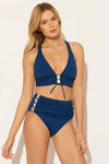 SHIRRED BEADED HIGH WAIST BOTTOMS - NAVY