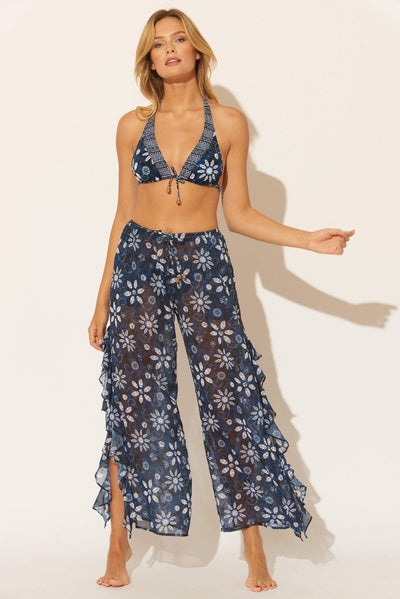 SIDE RUFFLE SLIT PANT - NAVY FLORAL MULTI