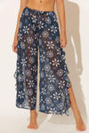 SIDE RUFFLE SLIT PANT - NAVY FLORAL MULTI