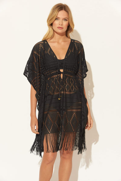 CROCHET CAFTAN W/ FRINGE - BLACK