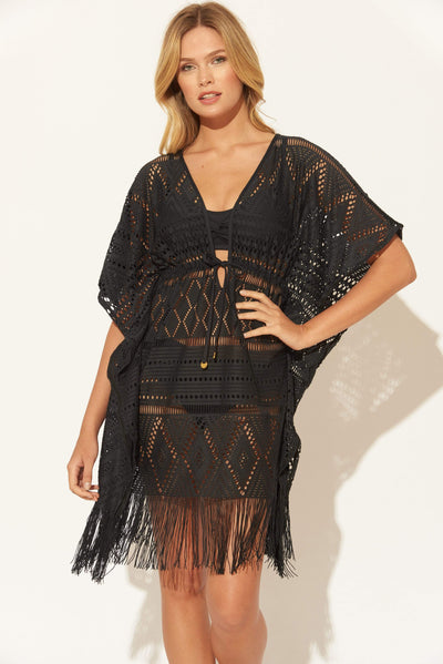 CROCHET CAFTAN W/ FRINGE - BLACK