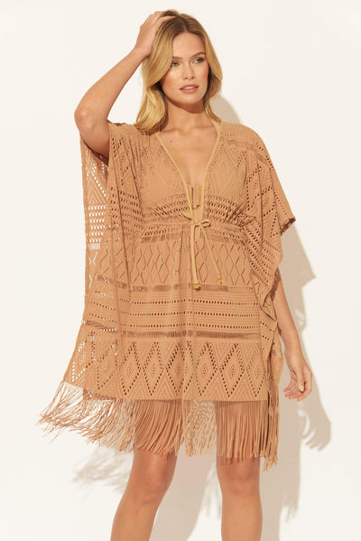CROCHET CAFTAN W/ FRINGE - SAND TROPEZ