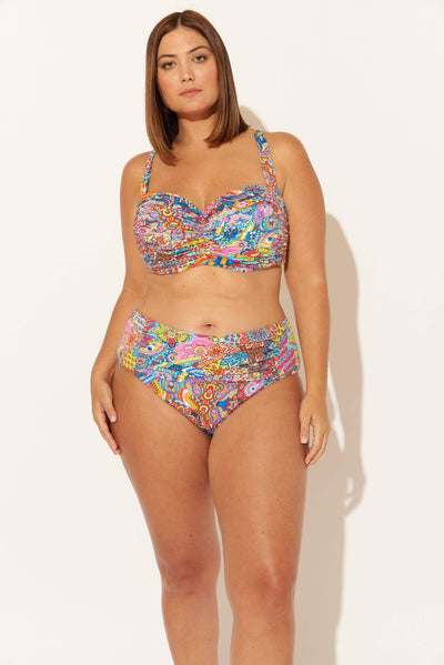 (PLUS) HIGH WAIST SHIRRED BOTTOMS - GROOVY MULTI