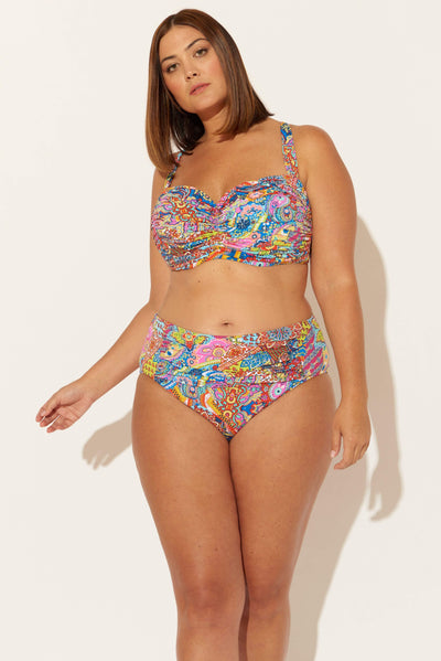 (PLUS) HIGH WAIST SHIRRED BOTTOMS - GROOVY MULTI