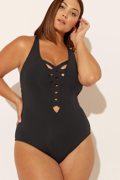 (PLUS) BASKET WEAVE LACE DOWN 1 PC - BLACK