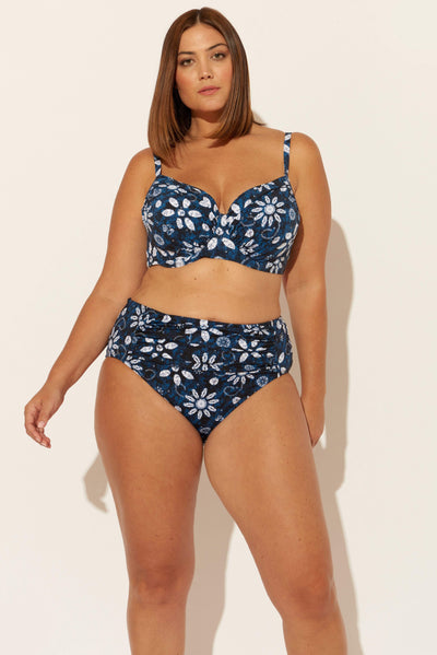 (PLUS) HIGH WAIST SHIRRED BOTTOMS - NAVY FLORAL