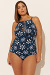 HIGH NECK LATTICE TANKINI TOP - NAVY FLORAL (PLUS)