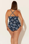HIGH NECK LATTICE TANKINI TOP - NAVY FLORAL (PLUS)