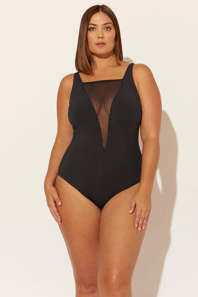 (PLUS) SHEER PLUNGE V-NECK MESH 1 PC - BLACK