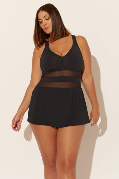 (PLUS) SKIRTED V-NECK MESH STRAPPY CROSS BACK 1 PC - BLACK