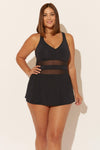 (PLUS) SKIRTED V-NECK MESH STRAPPY CROSS BACK 1 PC - BLACK