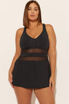 (PLUS) SKIRTED V-NECK MESH STRAPPY CROSS BACK 1 PC - BLACK