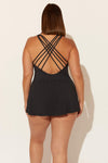 (PLUS) SKIRTED V-NECK MESH STRAPPY CROSS BACK 1 PC - BLACK
