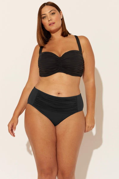 (PLUS) HIGH WAIST SHIRRED BOTTOMS - BLACK