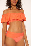 OFF THE SHOULDER RUFFLE BANDEAU TOP - LIVING CORAL
