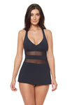 SKIRTED V-NECK MESH STRAPPY CROSS BACK 1 PC - BLACK