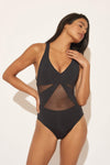 V-NECK MESH STRAPPY CROSS BACK 1 PC - BLACK